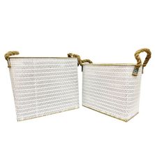 Painted White Embossed Metal Bins with Decorative Jute Handles - Set of 2 TX USA