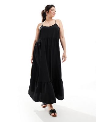 Pieces Curve ruffle bottom maxi dress in black Pieces