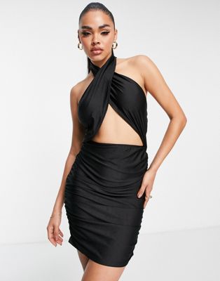 Черное платье мини Parisian с вырезом халтер и перекрестным вырезом спереди Parisian