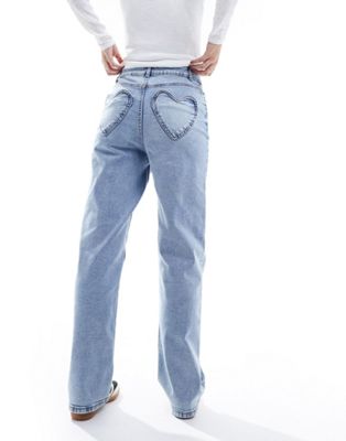 Синие прямые джинсы с карманом и сердечками Miss Selfridge Miss Selfridge