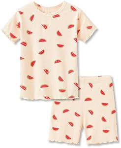 Beezizac Toddler & Little Girls Pajamas Cute Ditsy Floral/Strawberry Fruit Tee & Pants PJ Spring Set Kid Size 2T- 10 Beezizac