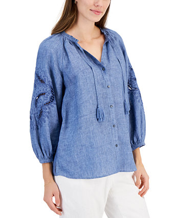 Petite 100% Linen Open-Embroidery Tassel-Tie Top, Created for Macy's Charter Club