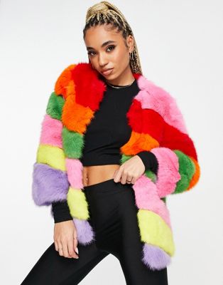 Разноцветное пальто в полоску из искусственного меха Jayley Jayley