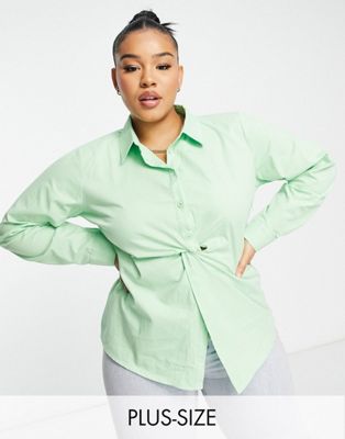 Missguided Plus poplin shirt with twist front in green Missguided Plus