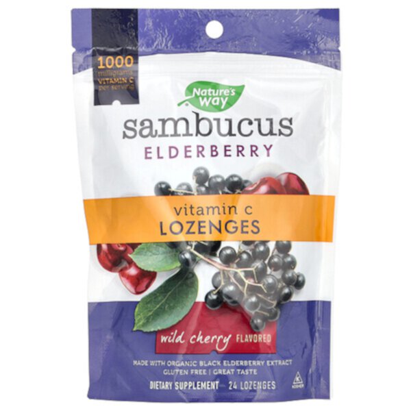 Sambucus Elderberry, пастилки с витамином С, дикая вишня, 24 пастилки Nature's Way