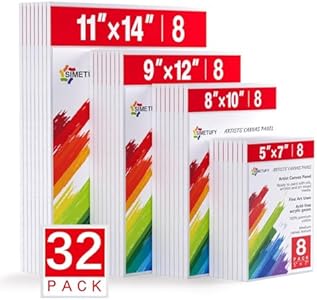 Simetufy Canvas Boards for Painting 32 Pack Paint Canvas Panels Multi-Sizes for Kids- 5x7, 8x10, 9x12, 11x14 100% Cotton for Oil Acrylic Watercolor Paint Simetufy