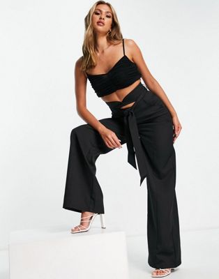 Club L London wide leg slouchy pant with belt in black - part of a set Club L London