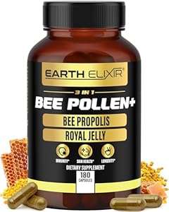 3-in-1 Bee Pollen Organic 840mg (180 Caps) W/ 840mg Bee Propolis Capsule & 840mg Royal Jelly Capsule - 3rd Party Tested - Bee Pollen Supplement - Organic Bee Pollen Capsule -No Fillers Earth Elixir