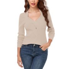 Women's Knitted Ribbed Knitted Tops Sexy V Neck Long Sleeve Sweater MISSKY