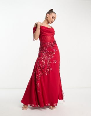 Платье макси Starlet с открытыми плечами и вырезом на бедре из красного кружева с цветочным принтом и бахромой из бисера Starlet