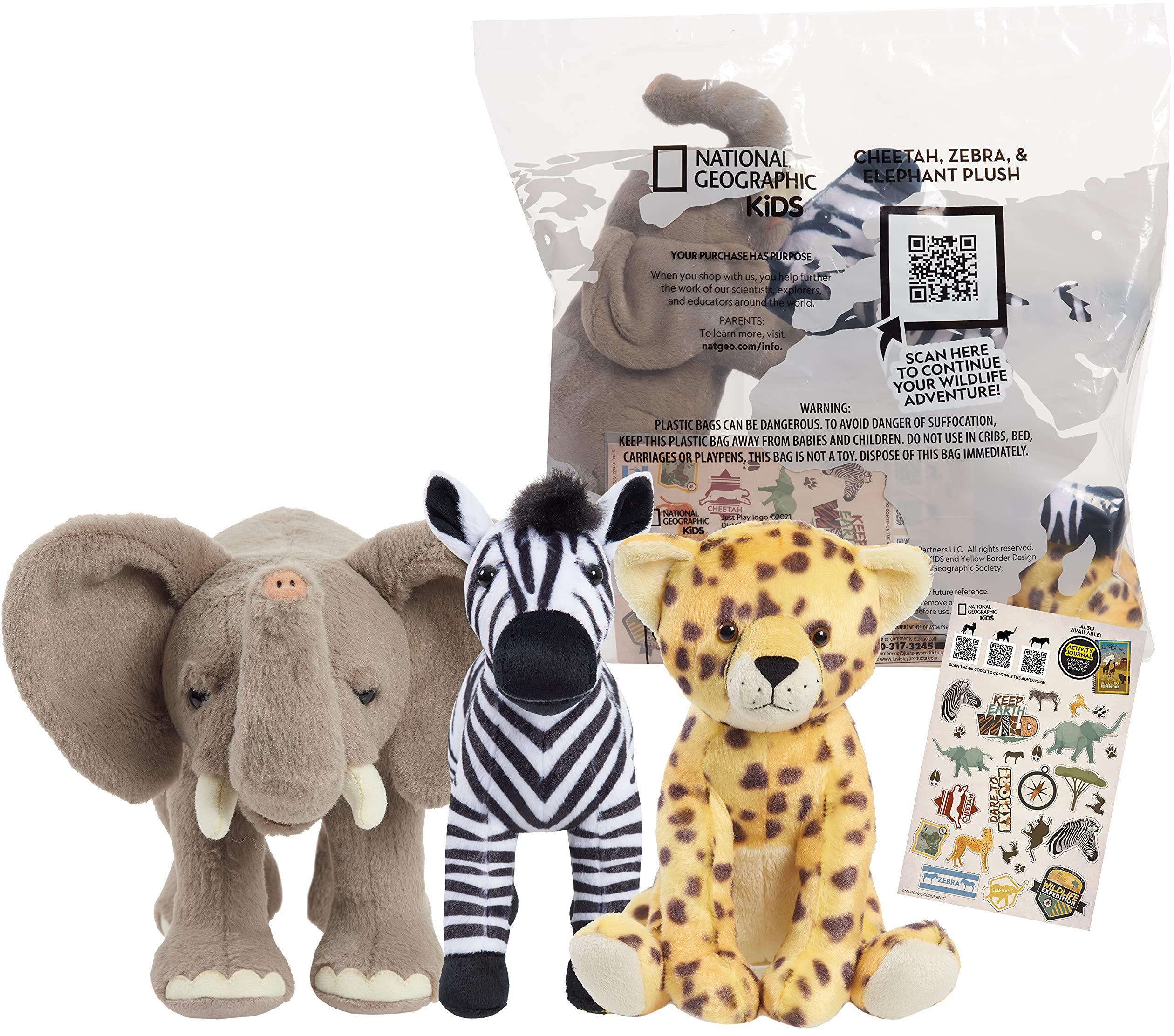 Детская упаковка из 3 гиперреалистичных супермягких чучел животных, QR-код для слона, гепарда, фактов о зебре, упаковка из переработанных материалов, от Just Play National Geographic