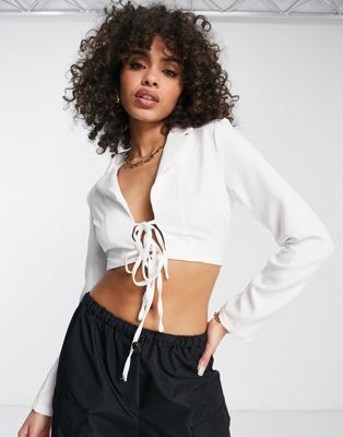 NaaNaa tie front cropped blazer in white NaaNaa