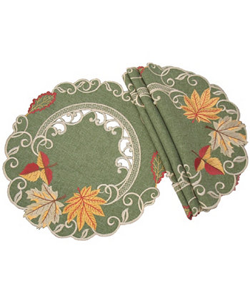 Осенние круглые салфетки с вышивкой из нежных листьев - набор из 4 Manor Luxe