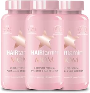 HAIRtamin MOM Vegan Prenatal & Postnatal Multivitamin Supplement & Hair Vitamin Pregnancy, Postpartum, Breastfeeding Probiotic One-a-Day Hair Vitamins with Biotin, Zinc, Iron (30 Counts) HAIRtamin