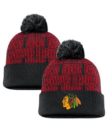 Men's Black/Red Chicago Blackhawks Fundamental Empty Net Cuffed Knit Hat with Pom Fanatics