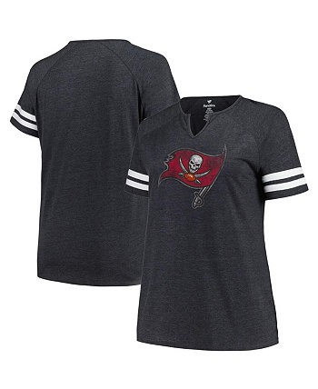 Женская темно-серая рваная футболка Tampa Bay Buccaneers размера плюс с логотипом и вырезом, рукавами реглан Fanatics