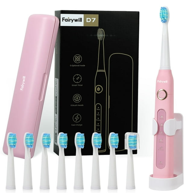 Fairywill Electric Toothbrush for Adults,Whitening Sonic Toothbrush,8 Dupont Brush Heads,5 Modes,IPX7 Waterproof,Equipped with Box and Handle,Convenient Storage and Travel,Pink Fairywill