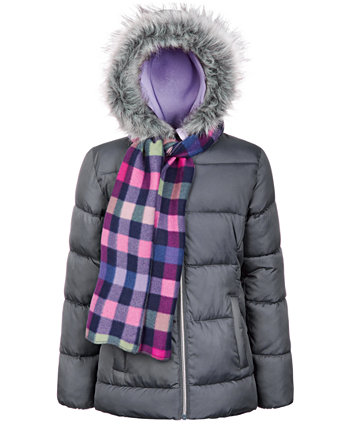Однотонное стеганое пальто-пуховик и клетчатый шарф для больших девочек S Rothschild & CO