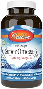 Carlson - Super Omega-3 Gems, 1200 mg Omega-3s, Cardiovascular Support, Brain Function & Vision Health, 180 soft gels Carlson