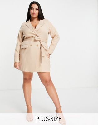 In The Style Plus x Perrie Sian blazer dress with belt detail in cream In The Style Plus