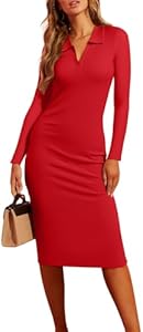 Valiamcep Women's Dress Long Sleeve V Neck Collared Ribbed Knit Bodycon Casual Midi Dresses Valiamcep