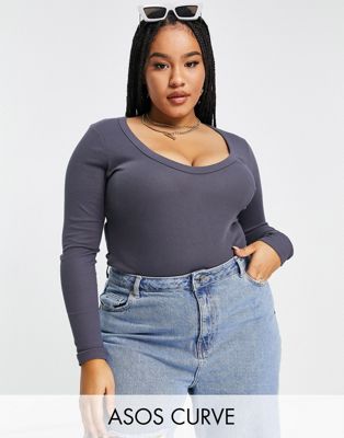 ASOS DESIGN Curve long sleeve bodysuit with scoop neck and chunky trims in elephant gray ASOS Curve