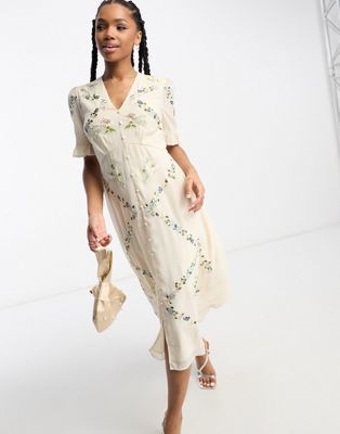 Кремовое платье миди с вышивкой на пуговицах Hope & Ivy Hope & Ivy