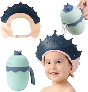 FUNUPUP Baby Shower Cap for Kids with Bath Rinse Cup, Adjustable Toddler Hair Washing Shield Hat Baby Bath Visor Shampoo Hat for Toddlers 6M-9T, Yellow and Blue FUNUPUP