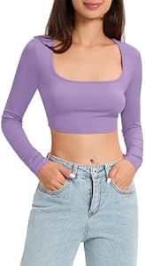 Zando Women's Long Sleeve Crop Top Sexy Square Neck Y2K Going Out Tops for Women Bodycon Fitted Basic T-Shirt Crop Top Zando