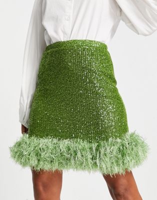 Jaded Rose mini skirt with faux feather trim in lime green sequin - part of a set Jaded Rose