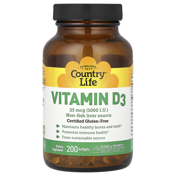 Витамин D3 - 25 мкг (1000 МЕ) - 200 мягких капсул - Country Life Country Life