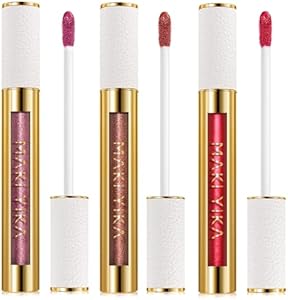 MAKI YIKA 3Pc Metallic Lipstick Long Lasting Pink Brown Nude Glitter Lipsticks High Shine Lipstick No Smudge No Transfer Liquid Lip Gloss (Pink/Nude/Brown) MAKI YIKA