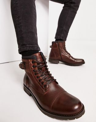 Коричневые кожаные ботинки на шнуровке с манжетами Jack & Jones Jack & Jones