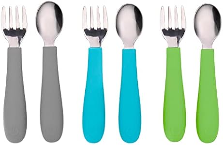 WeeSprout Toddler Utensils, 3 Forks & 3 Spoons, 18/8 Stainless Steel & Food Grade Silicone, Thick Easy-Grip Handles, Perfect Length For New Self Feeders, Gentle On Gums & Teeth, Dishwasher Safe WeeSprout