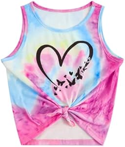 SOLY HUX Girl's Tie Dye Heart Butterfly Print Tank Top Tie Front Sleeveless Summer T Shirt Soly Hux