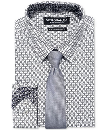 Men's Slim-Fit Performance Stretch Geo-Print Dress Shirt & Slim Tie Set Nick Graham