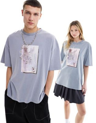 COLLUSION Unisex embroidered floral photographic print t-shirt in washed gray Collusion