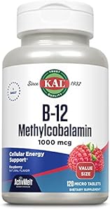 KAL Vitamin B12 Methylcobalamin 1000mcg, Healthy Energy, Metabolism, Nerve and Red Blood Cell Support, Fast Dissolve ActivMelt, High Absorption, Vegetarian, Natural Raspberry, 120 Serv, 120 Micro Tabs Kal