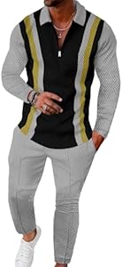 UOUA Mens 2 Piece Set Casual Outfits Polo Long Sleeve Shirt & Pants Track Suit Loungewear Athletic Sweatsuit Uoua