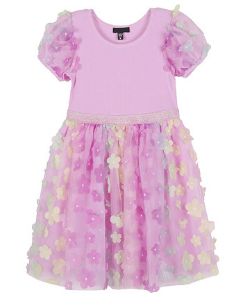 Платье из цельного лифа в рубчик для маленьких девочек с юбкой с объемным цветком и пышными рукавами Pink & Violet