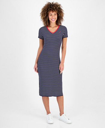 Women's Striped Rib-Knit Midi T-Shirt Dress Nautica Jeans