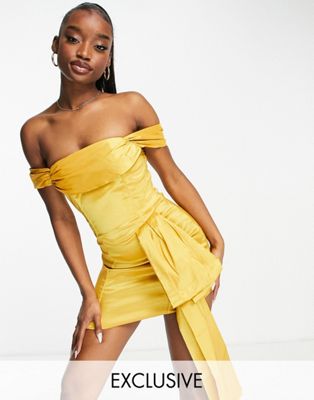 Collective the Label exclusive off shoulder drape satin mini dress in gold Collective The Label