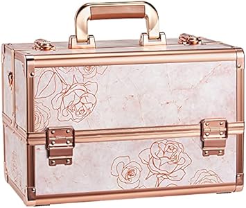 Joligrace Makeup Train Case Professional Cosmetic Organizer Aluminum Storage Box with 4 Adjustable Dividers Trays Lockable Portable with Shoulder Strap Joligrace