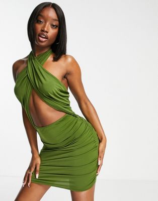 First Distraction the label tie front halter mini dress in olive First Distraction