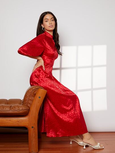 SHEIN Платье А-силуэта с воротником-стойкой, леопардовым принтом и рукавами-фонариками SHEIN