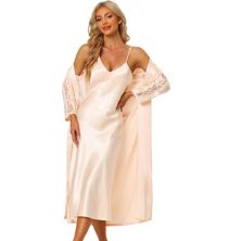 Женское атласное ночное белье, халат и ночная рубашка, комплект из кружева с длинным рукавом Cheibear