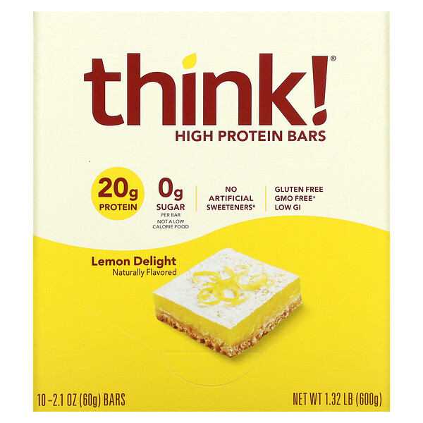 Батончики с высоким содержанием белка, лимонное наслаждение, 10 батончиков по 2,1 унции (60 г) каждый Think!