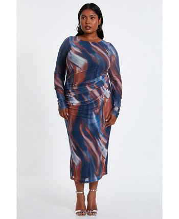 Plus Size Mesh Marble Round Neck Long Sleeve Maxi Dress Quiz