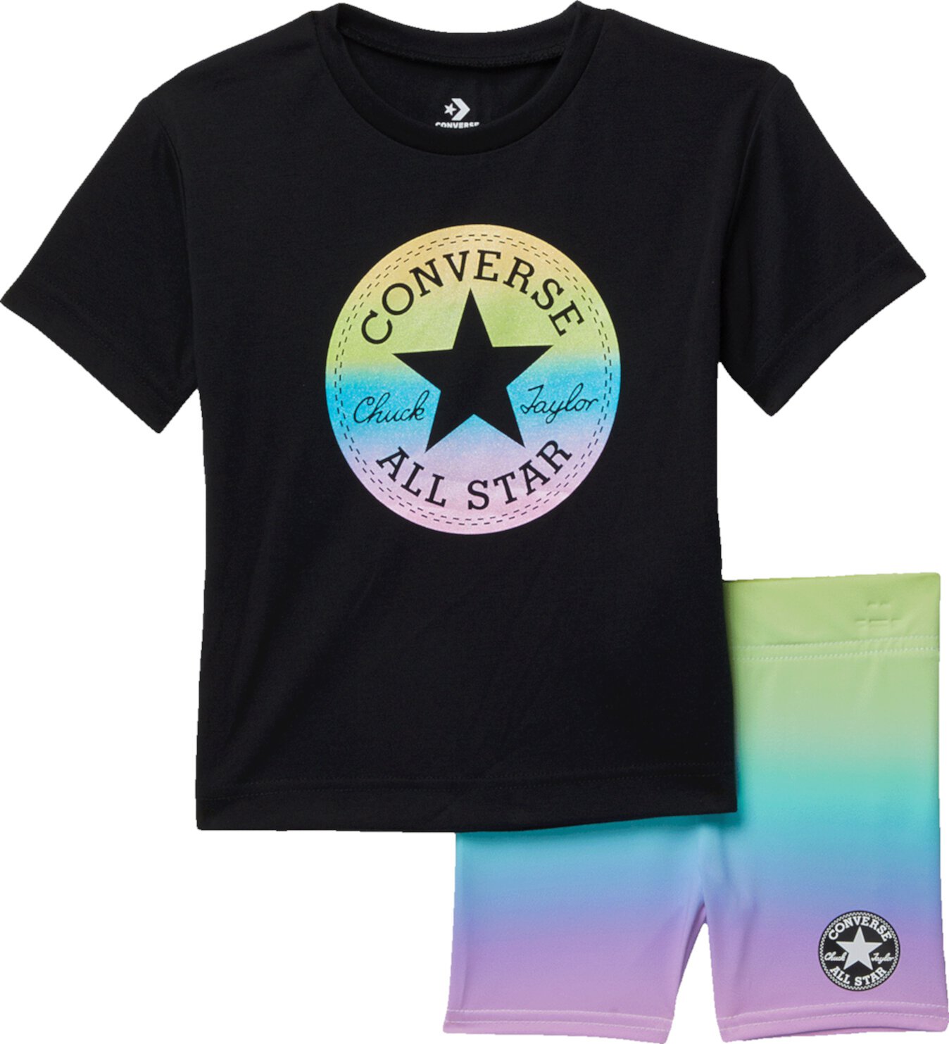 Удлиненная футболка с блестящей нашивкой Chuck и велосипедные шорты с градиентным принтом (для малышей) Converse Kids