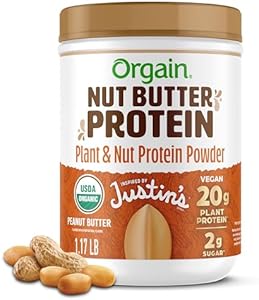 Orgain X Justin's ® Organic Vegan Nut Butter Protein Powder, Chocolate Peanut Butter- 20g Plant Protein, 1g Sugar, Gluten Free, No Dairy, Soy Ingredients, or Artificial Flavors, 1.17 lb Orgain